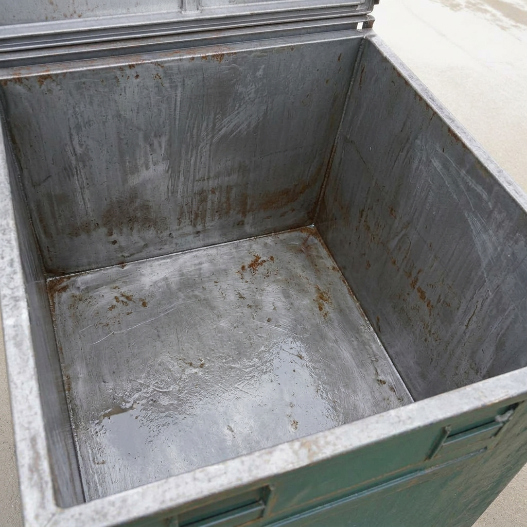 Inside of the same commercial dumpster after high-pressure cleaning