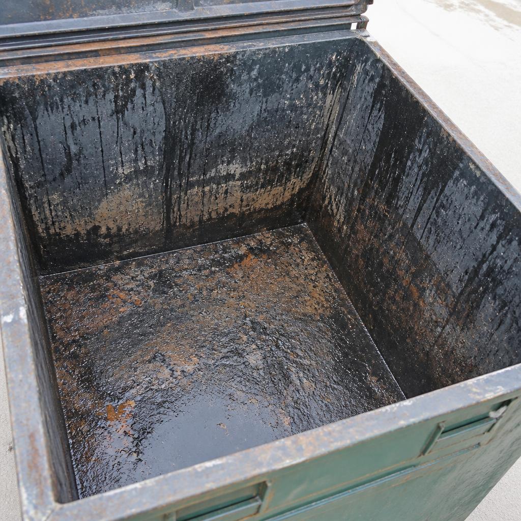 Inside of a commercial dumpster caked with grime and rust before cleaning